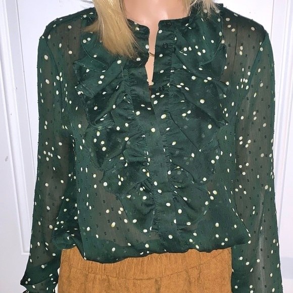 H&M Plumeti Blouse Dark Green with White Polka Dots Ruffle Ling Sleeve 12 - Picture 2 of 9